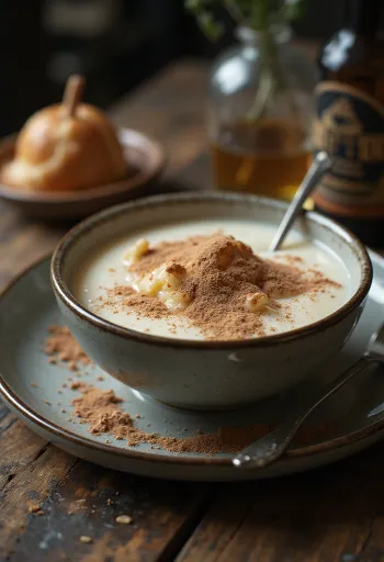 Kermainen mannapuuro kaakaolla ripoteltuna, tuoreilla hedelmillä tarjoiltuna.