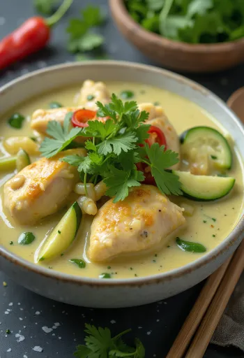 Thaimaalainen vihreä curry kanalla tarjoiltuna