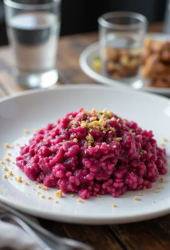 Vegaaninen punajuuririsotto tarjoiltuna
